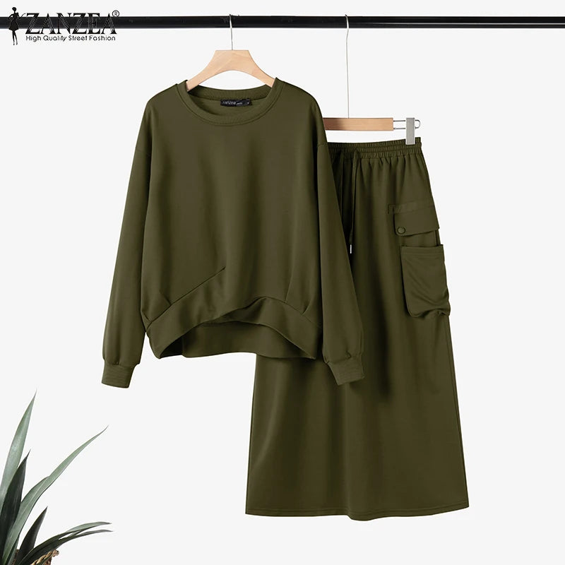 Autumn 2pcs Outfits Winter Stylish Women Sweatshirts Dress Sets 2025 ZANZEA Solid Matching Sets Long Sleeve Hoodies Sundress