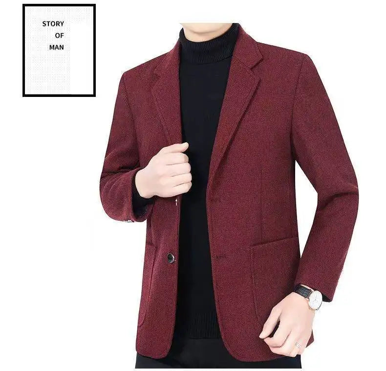 Men's woolen suit spring and autumn jacket is fashionable, cool and versatile. It is a solid-color checkered flat lapel short to