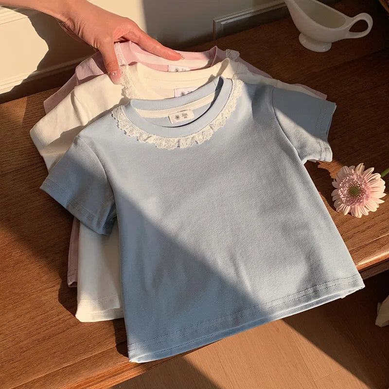 Summer Girls Lace T-shirt Kids Loose Casual Solid Color Short Sleeves Crewneck Tops Baby Girl Cotton Tees Kids Clothes 1-6Years