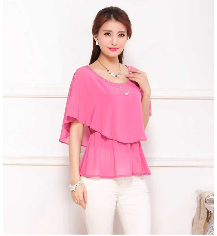 2025 Women Summer Tops Blouse Fashion Elegant Ruffle Batwing Sleeves Chiffon Shirt Loose Casual Clothing blusas mujer de moda