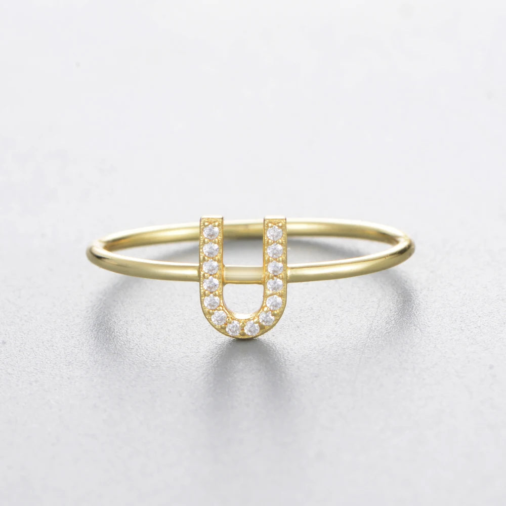 925 Sterling Jewelry A-Z 26 Letters Name Initial Rings Gold Plated Silver Fashion Simple S925 Ring Zircon Round Brilliant Cut