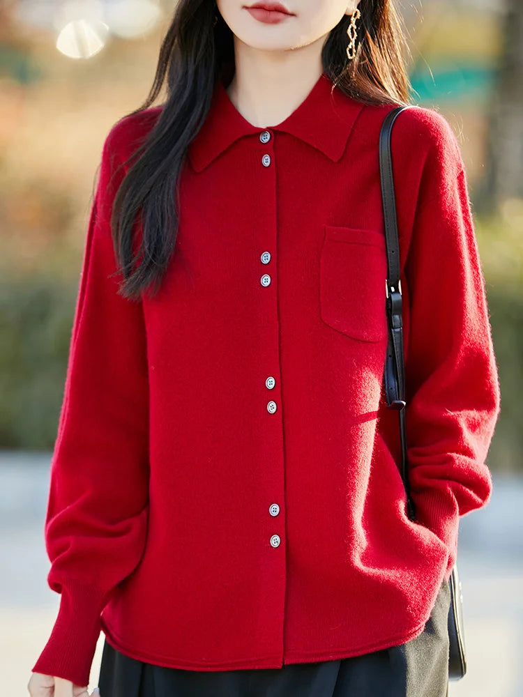 POLO Collar Wool Sweater 100 Pure Wool Spring And Autumn New Knitted Women Loose And Slimming Cardigan ZA682