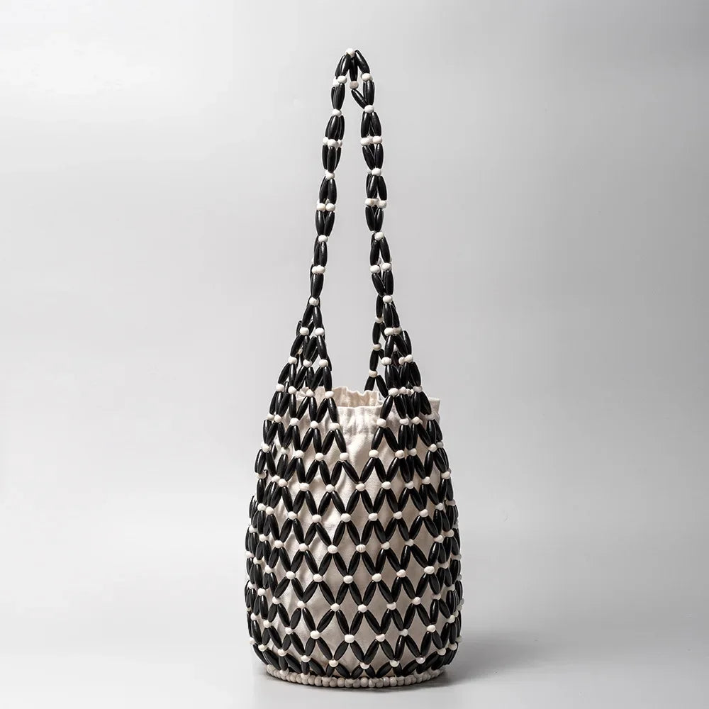 Women Woven Hand Bag Summer Design Hollow-out Wooden Bead Tote Bucket Shoulder Bag Female Reticulate Netted Canvas Beach Handbag