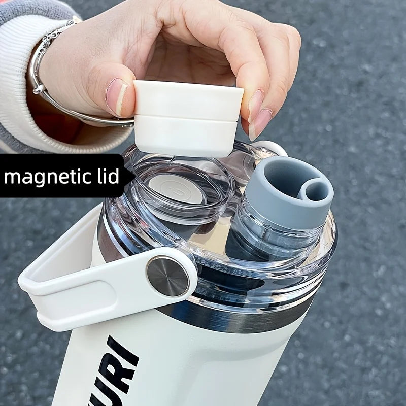 1pc 800ml magnetic lid insulated water bottle, minimalist letter print handle water cup, office and outdoor insulated cup