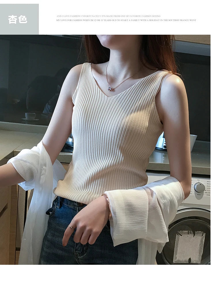 Summer Casual Tank Top Women Sleeveless Knitted T-Shirts Female Elastic Slim Vests Crop Tops Tanks & Camis Pullover Shirts