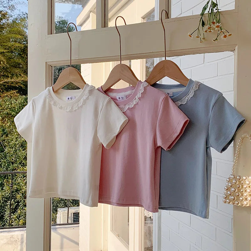Summer Girls Lace T-shirt Kids Loose Casual Solid Color Short Sleeves Crewneck Tops Baby Girl Cotton Tees Kids Clothes 1-6Years
