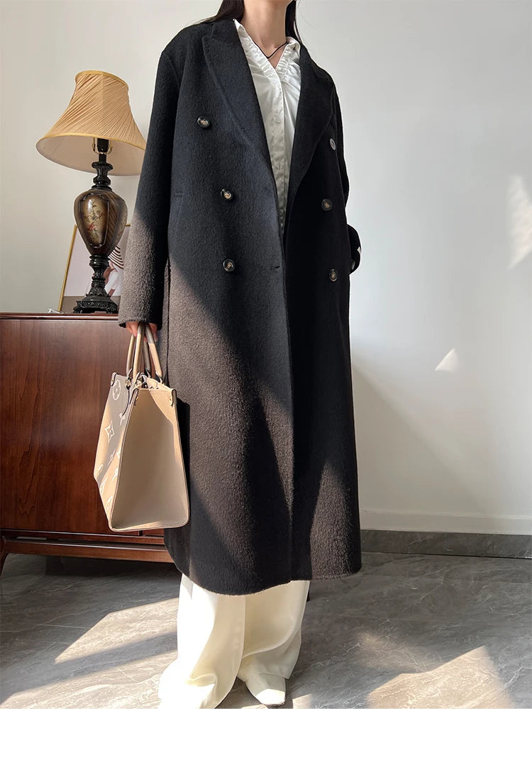 Office Lady Woolen Jackets 2024 Autumn And Winter Suit Collar Double Breasted Warmer Yak Hair Loose Long Women's Wool Coats