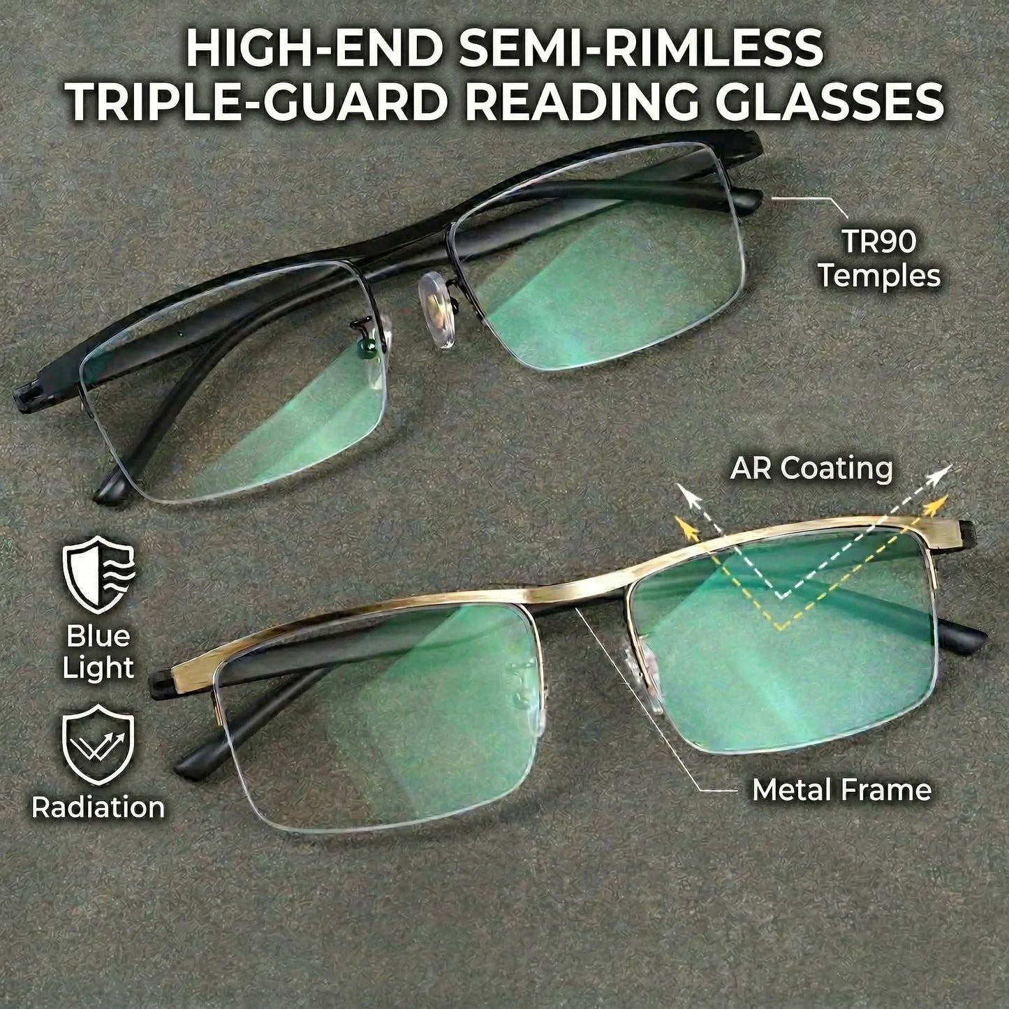 Men Classic Semi-Rimless Reading Glasses With Green Coating High-Definition Lens Comfortable Fit Suitable Home Office Use Gift