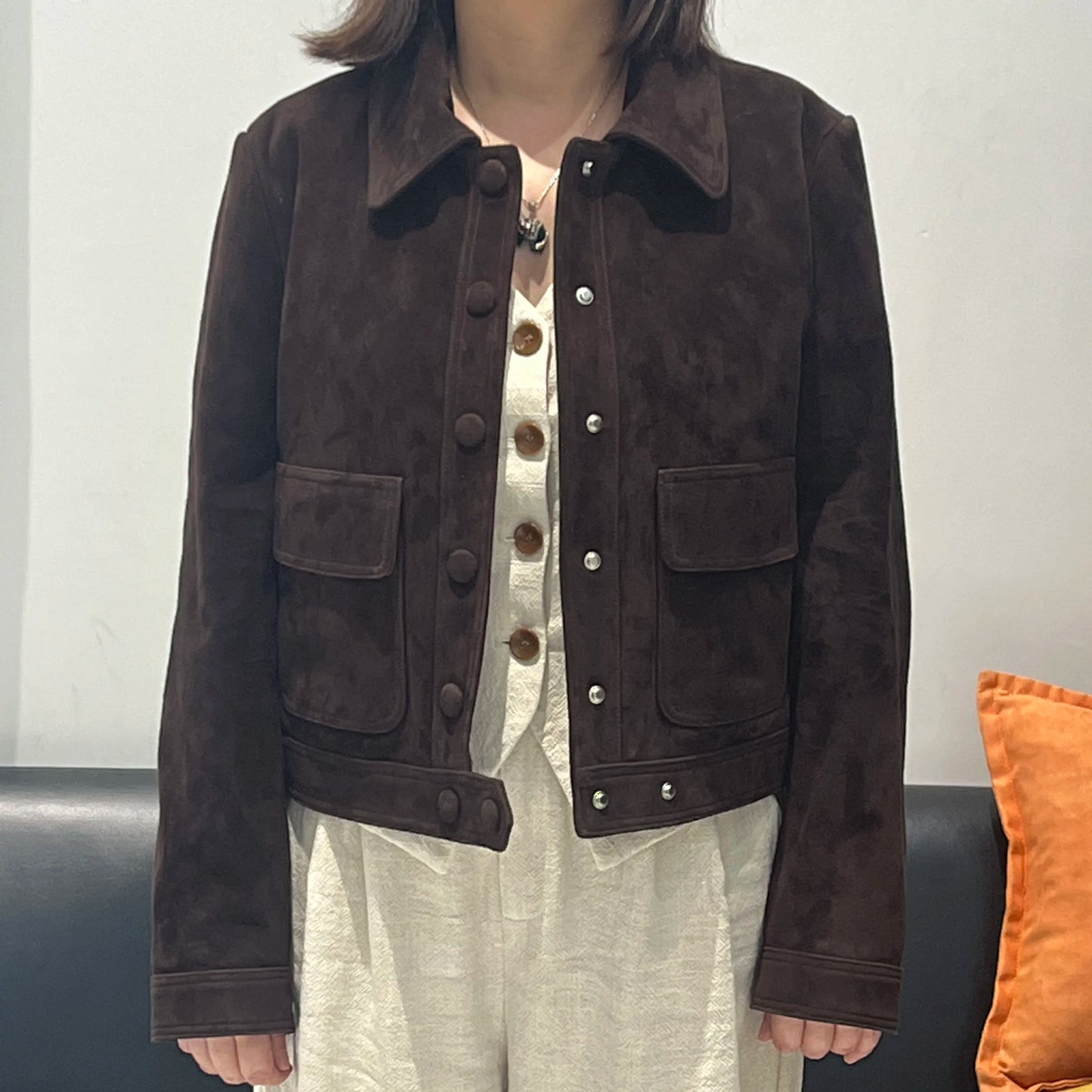 Winter Woman Clothing Old Money Style Retro Chocolate Brown Kid Suede Genuine Leather Jacket Streetwear Collar Slim Short Coat