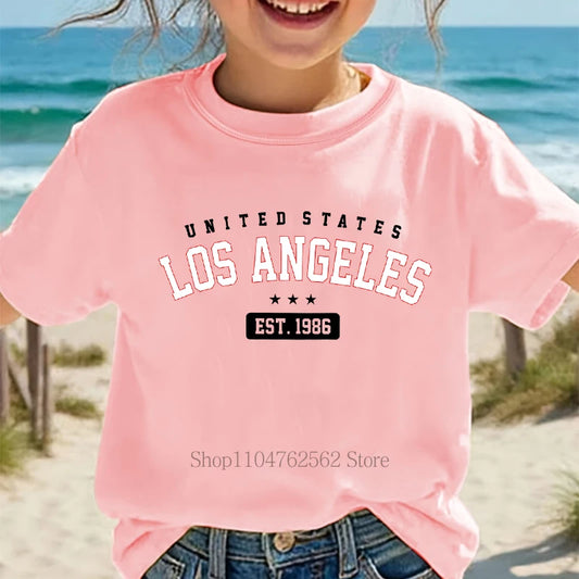 Summer Children Casual Fashion T-shirts Los Angeles Graphic Print Colorful Tops Girls Boys O-Neck Loose Short Sleeve Kids Tees
