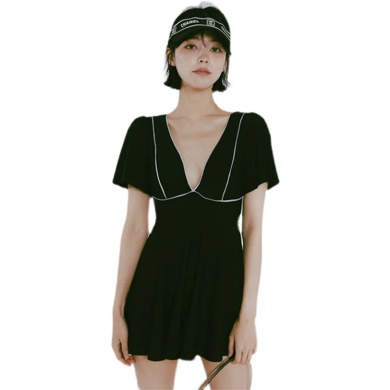 Bla White Bather  Swimsuit Women's ort Sve Skirt Sle Flattering Tummy Covering Casual Swimwear