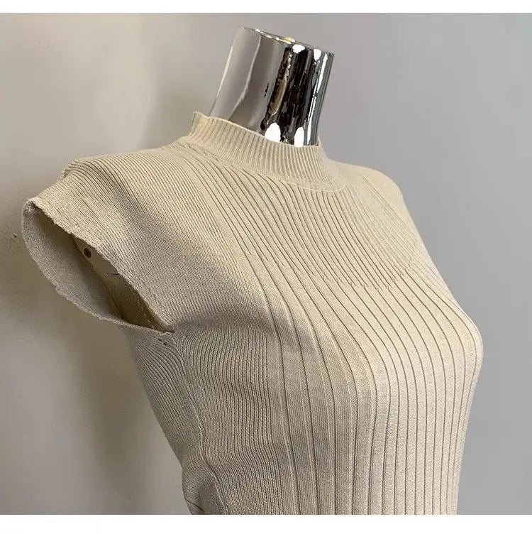 Summer Ribbed Knitted Sexy Women Tops Fashion Turtleneck White Black Tshirt Casual Sleeveless Vest Women's Tank Top Clothing