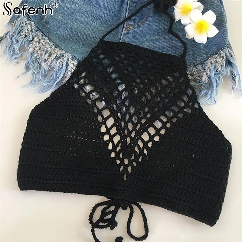 Women Summer Short Vest Sexy Hollow Out Plain White Halter Vest Strap Crop Tops Crochet Bikini Tank Tops Shirt HotSale Crop Top