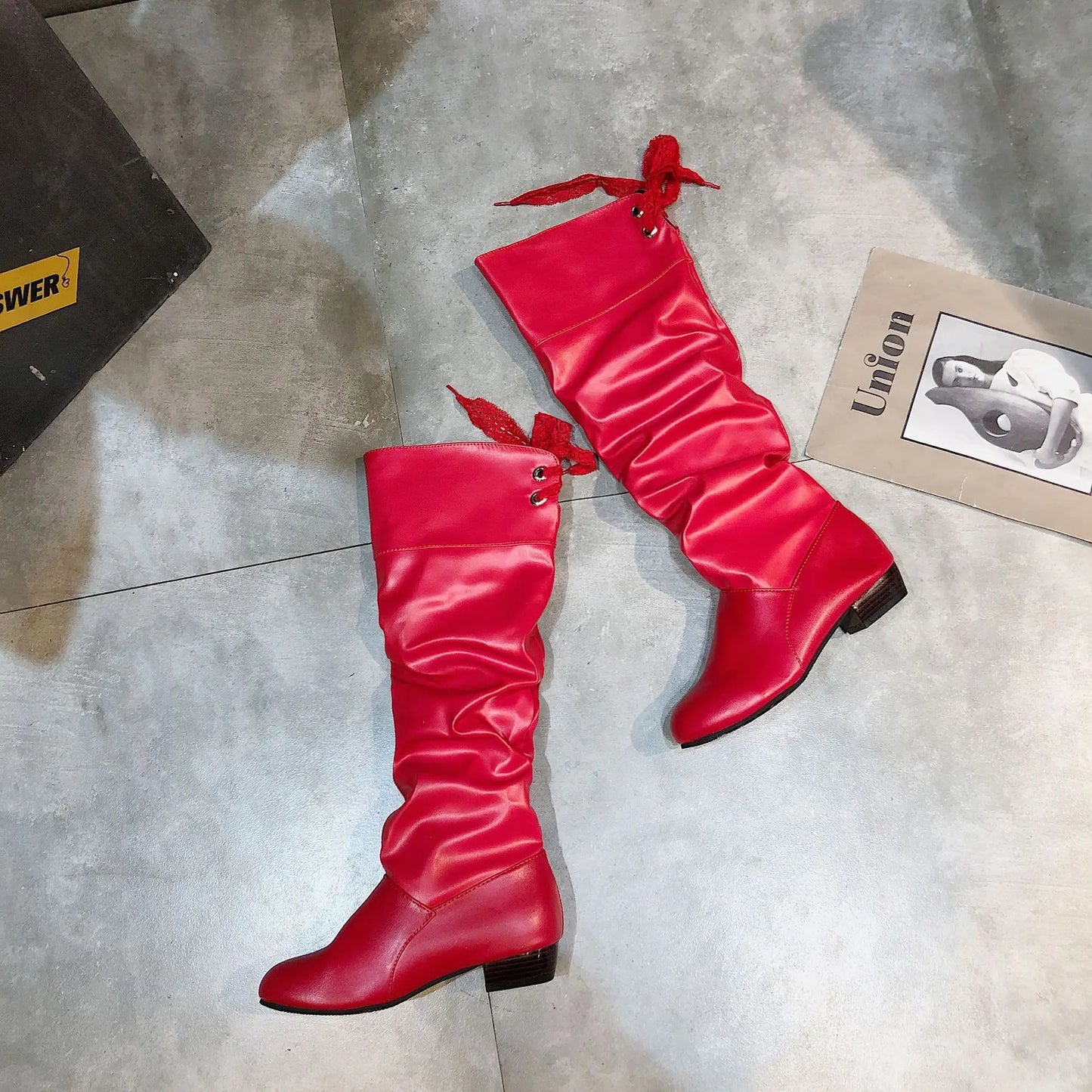 Shoes for Women 2023 Spring Knee High Boots Red Black White Tall Boots Woman Pleated Low Heel Casual Leather Female Long Shoes