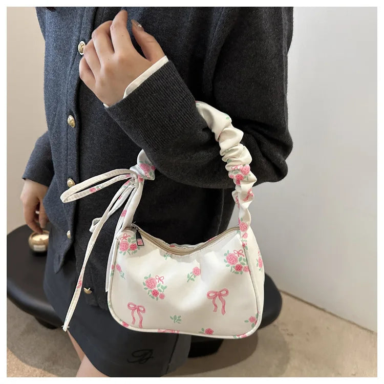Women's Bags New Sweet Print Canvas Handbags Korean Floral Bow Printed Zipper Tote Bag Female Small Shoulder Bag