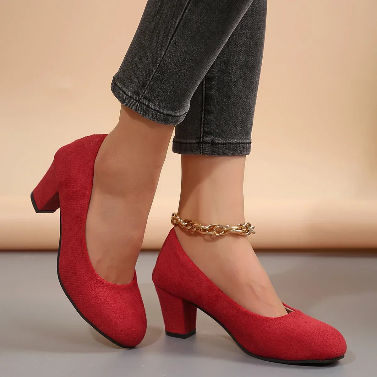 Autumn Single Shoes Women's Fashion New Round Toe Shallow Suede Cover Foot Non-slip Wear-resistant High Heels