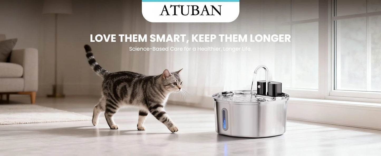 ATUBAN Wireless Cat Water Fountain-3.2L Automatic Cat Water Fountain Cordless,Stainless Steel Battery Operated for Multiple Pets