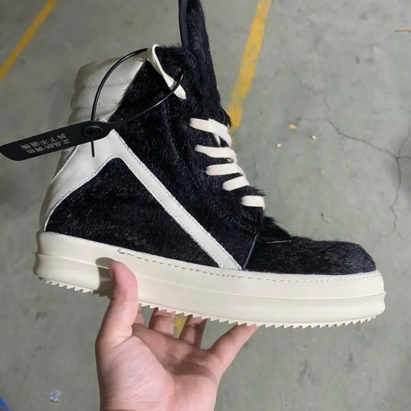 Ro Luxury Men Ankle Boot Black Horsehair Boots Women Sneaker Horse Hair High Top Shoe  Casual Shoes Zipper Sneakers