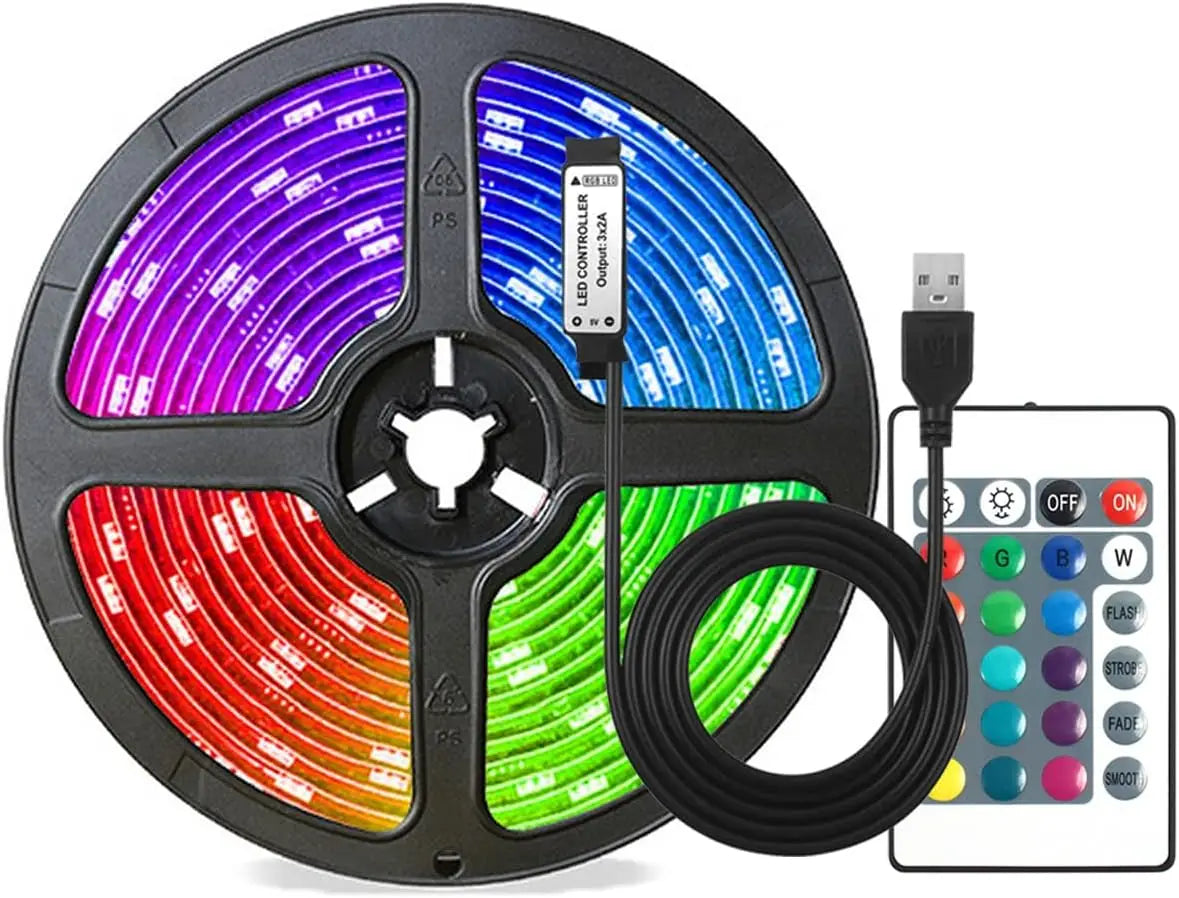 Led USB Strip Light 5M Color Changing 5050 RGB LED Flexible Lights with 24 Keys for Children Gaming Room Home Party TV Backlight