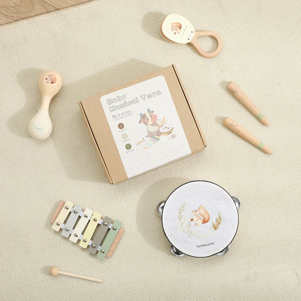 Kids Wooden Montessori Toys Musical Instruments Rattle Toys Wooden Squirrel Percussion Instruments Preschool Educational Toys