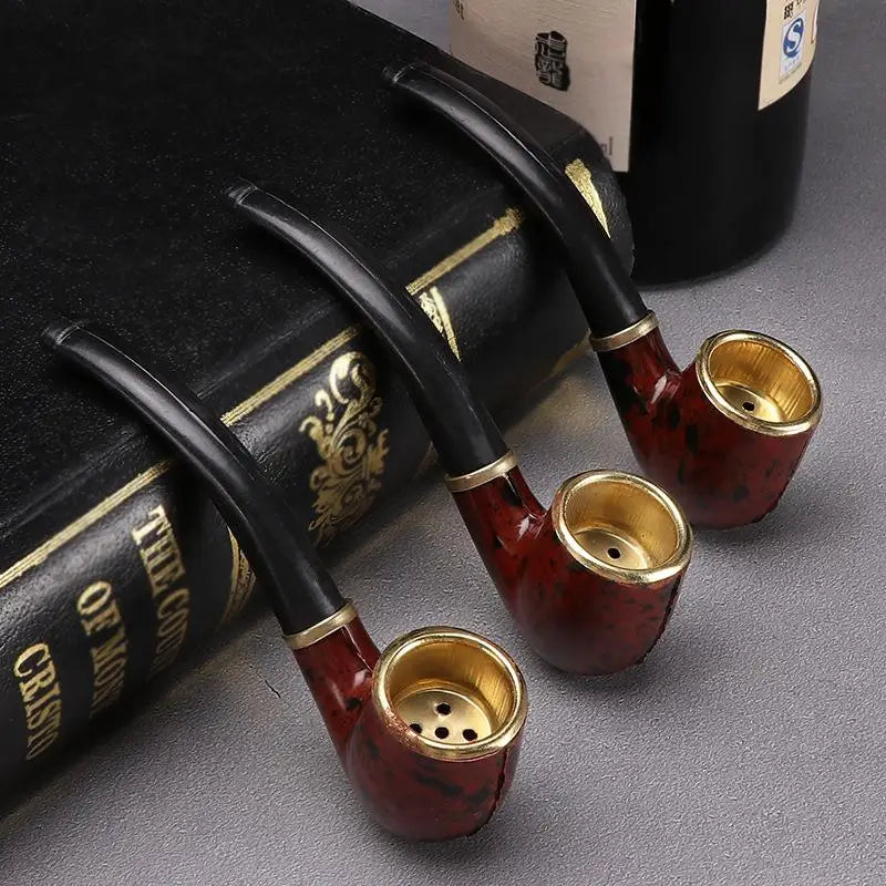 Imitation Wood Pipe Men's Classic Resin Pipe Old-Fashioned Dry Pipe Portable Copper Pot Bent Durable Mini Cigarette Pipe