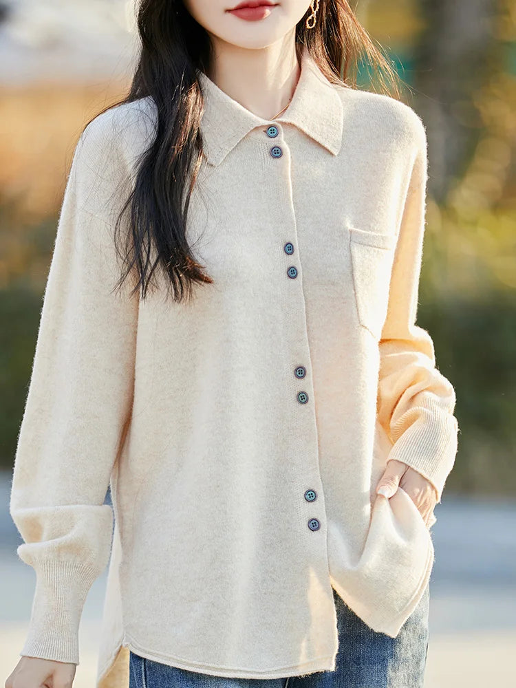 POLO Collar Wool Sweater 100 Pure Wool Spring And Autumn New Knitted Women Loose And Slimming Cardigan ZA682