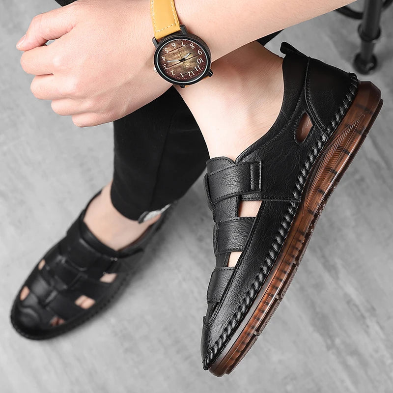 Genuine Leather 2024 Summer Special Offer Men's Business Casual Hollow Work with Holes Leather Sandals Men's Work Hole Sandals