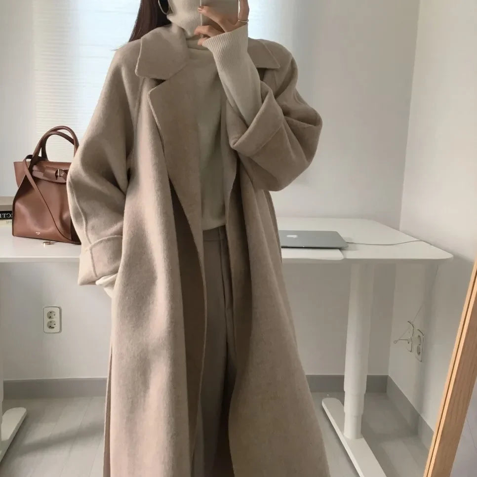 Ele Woolen Coat Women's 2025 Autumn Winter Mid Length Adjustable Waist Thick Casual Long Sve Fashion Wool Coats