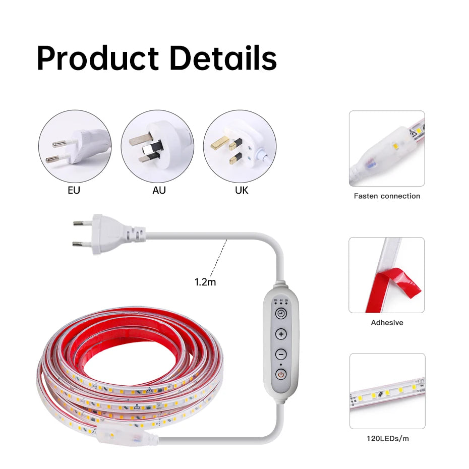 Led Strip Light AC220V 120LEDs/m Flexible Tape IP67 Waterproof with EU AU UK Timing Dimming Switch Plug Self-Adhesive LED Light