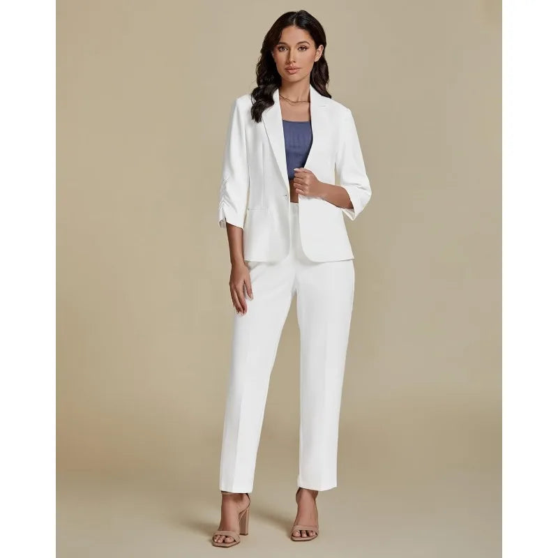 Pant Suits for Women Dressy 2 Piece Business Casual Outfits 3/4 Sleeve Blazer Straight Leg Pant Sets Office Work