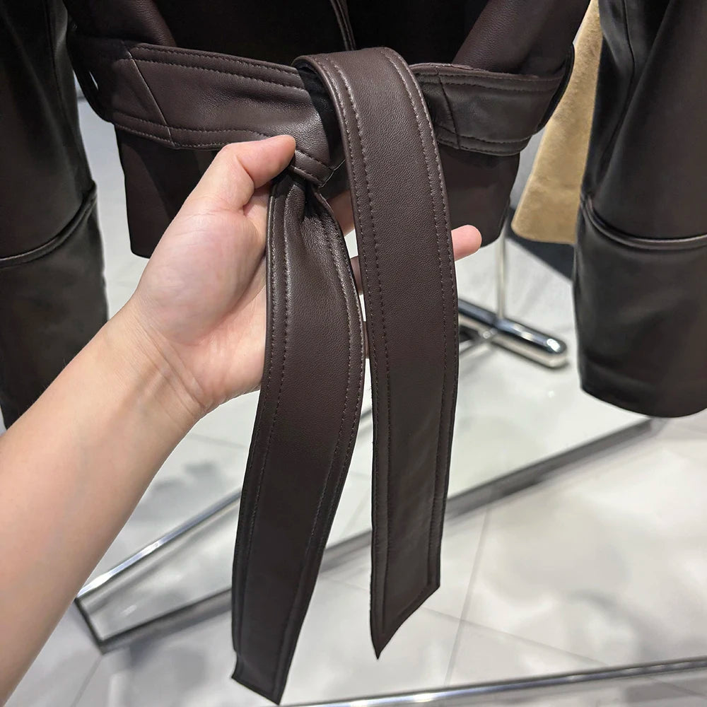 YOLOAgain Real Leather Jacket Women Burgundy Grain Leather Jacket With Belt