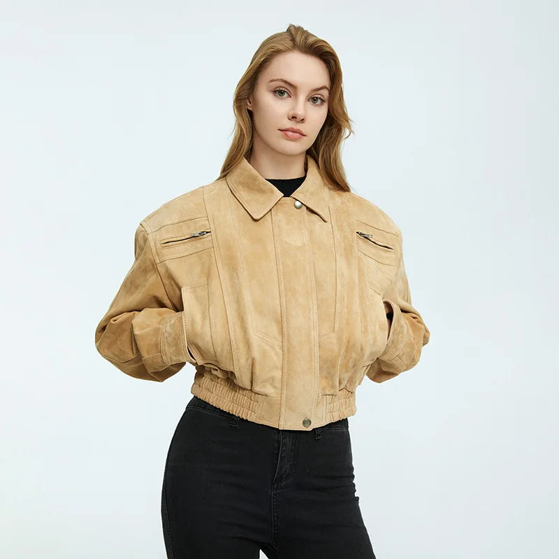 2025A Lady's Fashion Real Suede Jacket Genuine Goatskin Suede Bomber Jacket Oversize Leather Coat Women's Suit