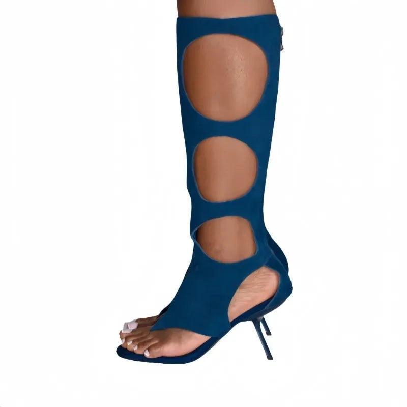2025Women's SummerLeather Stiletto High Heels Hollow Knee Cool Boots European and American Horse Hair Fashion Show Shoes