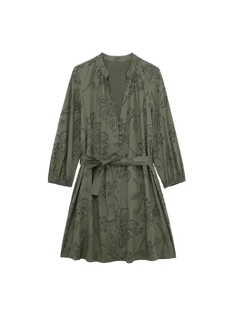 HH Spring Women's Vintage Solid Shirt Dress Puff Sleeve Short Dress V-Neck Female Hollow Embroidery Casual Belt Dresses