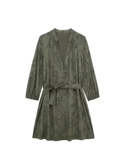 HH Spring Women's Vintage Solid Shirt Dress Puff Sleeve Short Dress V-Neck Female Hollow Embroidery Casual Belt Dresses