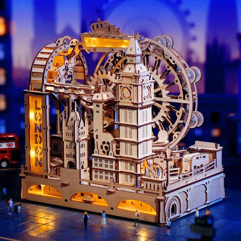 3D Wooden Puzzle Marble Run Building Kit London City Model with Lights Mechanical DIY Landmark Puzzle for Adults Teens