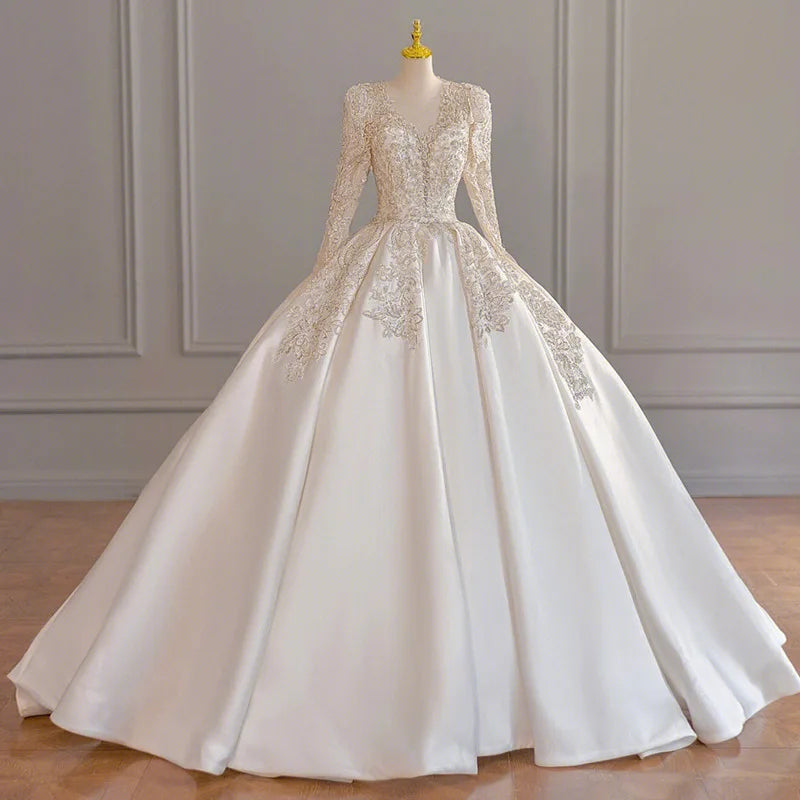 Wedding Dress Long Sleeve Heavy Industry 2023 New Bride V-Neck Satin High Quality Palace Main Wedding Dress French Wedding Dress