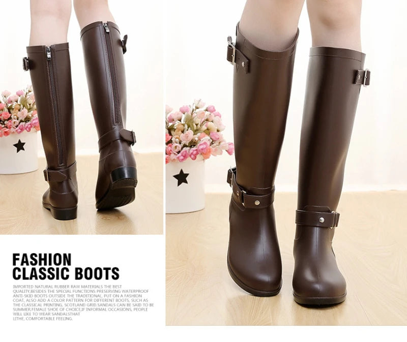 Rubber Boots for Women Waterproof Work Fashion Back Zipper Round Toe High Rain Boots Woman Water Shoes Botas De Caza Espanolas