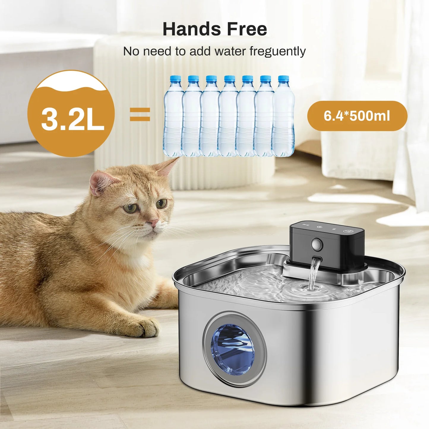 3.2L Automatic Stainless Steel Cat Water Fountain 4000mAh Wireless Pet Drinker Battery & Sensor 2 in 1 Dispenser