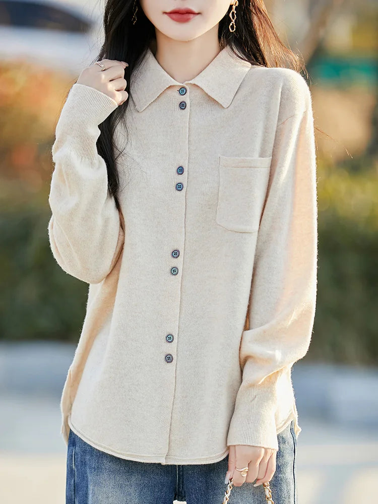 POLO Collar Wool Sweater 100 Pure Wool Spring And Autumn New Knitted Women Loose And Slimming Cardigan ZA682