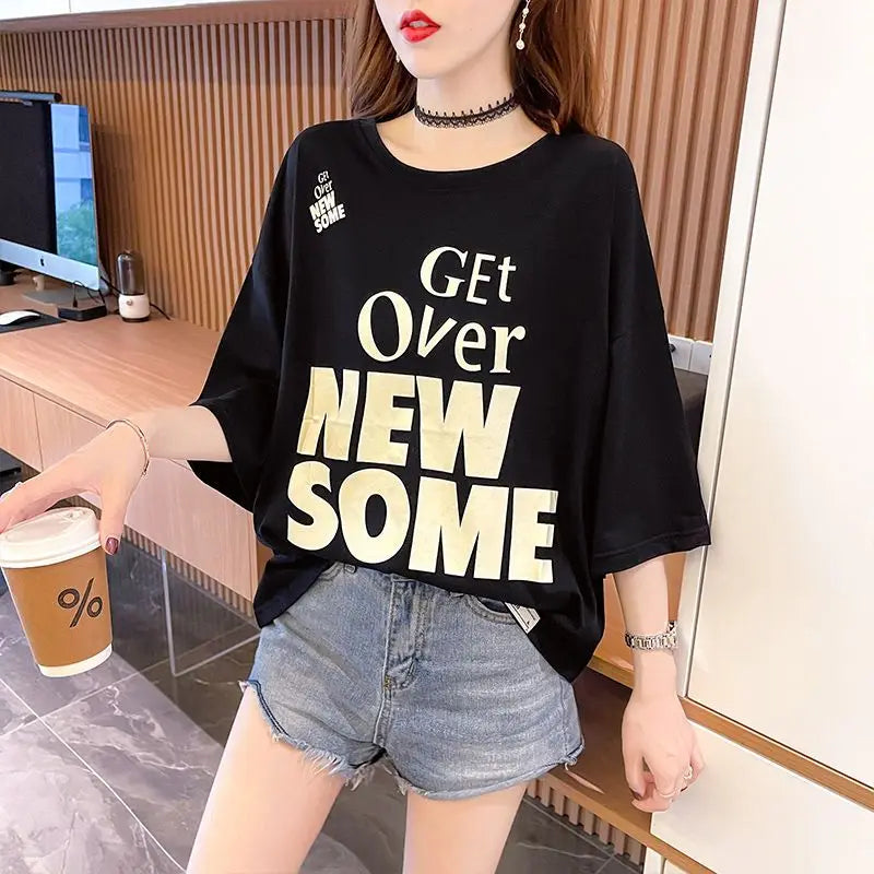 Women's T-shirt Summer Outfit Graphic Short Sleeve Cotton Top Female Baggy Trending Clothing Korean Popular Clothes Cheap Woman