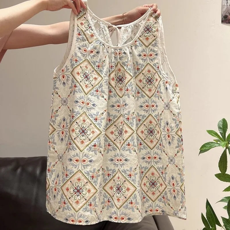 Women Clothing Summer Fashion Printing Contrasting Colors O-neck Female Trend Sexy All-match Appear Thin Sleeveless Tank Top Top