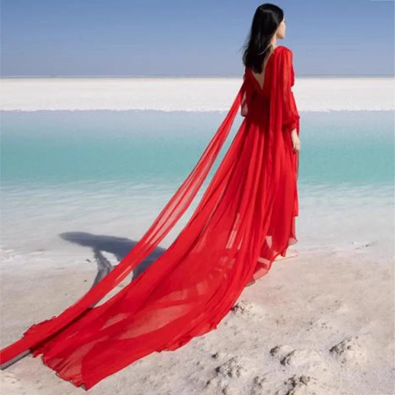 Spring/Summer Silk Dress with Charm Seaside Vacation Beach Dress Red Extra Long Tailed Long Dress White Elegant Graceful XQ26