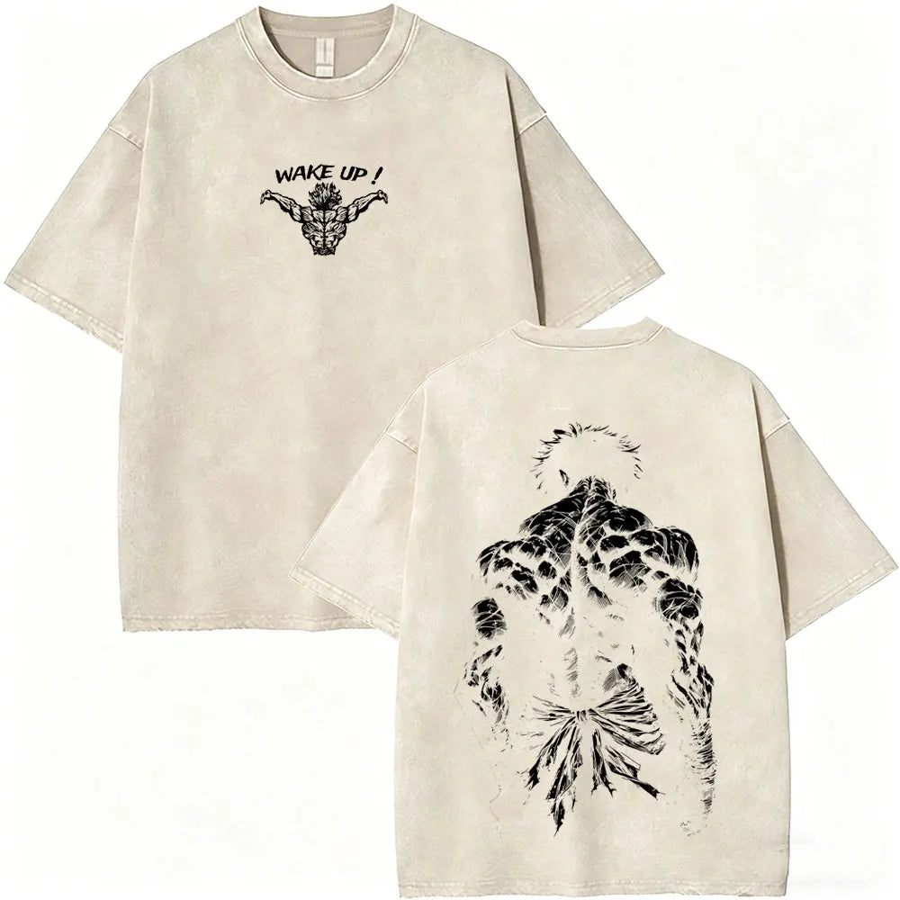 Washed Vintage Anime Baki Hanma Wake Up T-shirt Men Women Retro Manga Oversized T-shirts Men's Casual Cotton T Shirts Streetwear