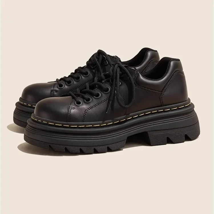 Womens Derby Shoes Autumn British Style Female Footwear Loafers With Fur Round Toe Clogs Platform Casual Sneaker Leather