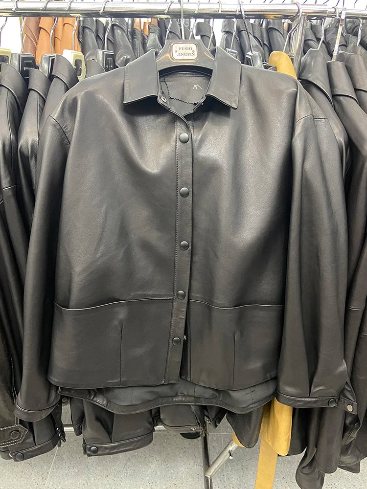 Women Spring Genuine Sheepskin Leather Autumn Fashion Classic Black Real Leather Jacket Oversize Loose Real Leather Coat