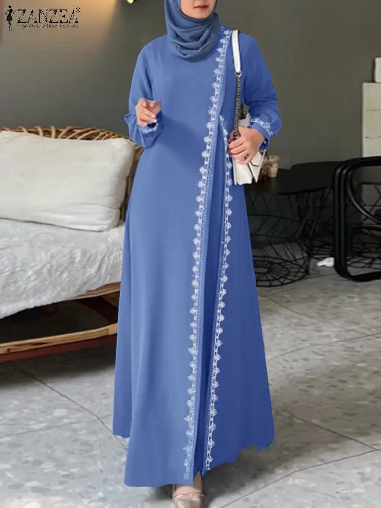 Autumn Lace Crochet Maxi Dress ZANZEA Muslim Turkey Abaya Elegant Loose Vestidos Women Long Sleeve O Neck IsIamic Robe Kaftan