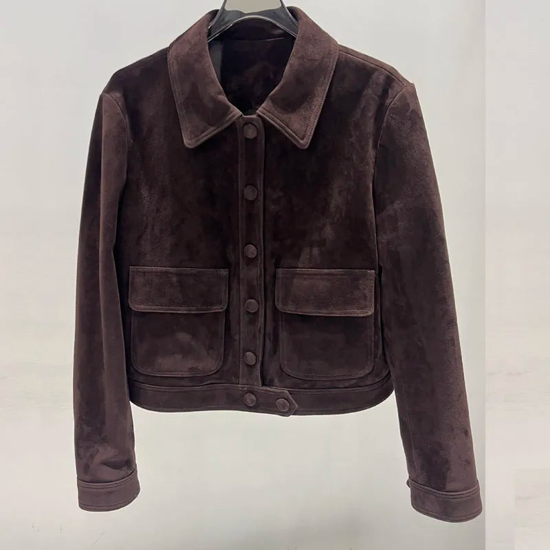 Winter Woman Clothing Old Money Style Retro Chocolate Brown Kid Suede Genuine Leather Jacket Streetwear Collar Slim Short Coat