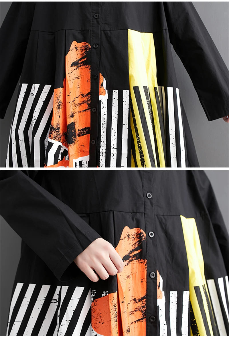 Long Sleeve Patchwork Vintage Print Dresses For Women Loose Casual Midi Dress Robe Fashion Elegant Clothing Spring Autumn 2025