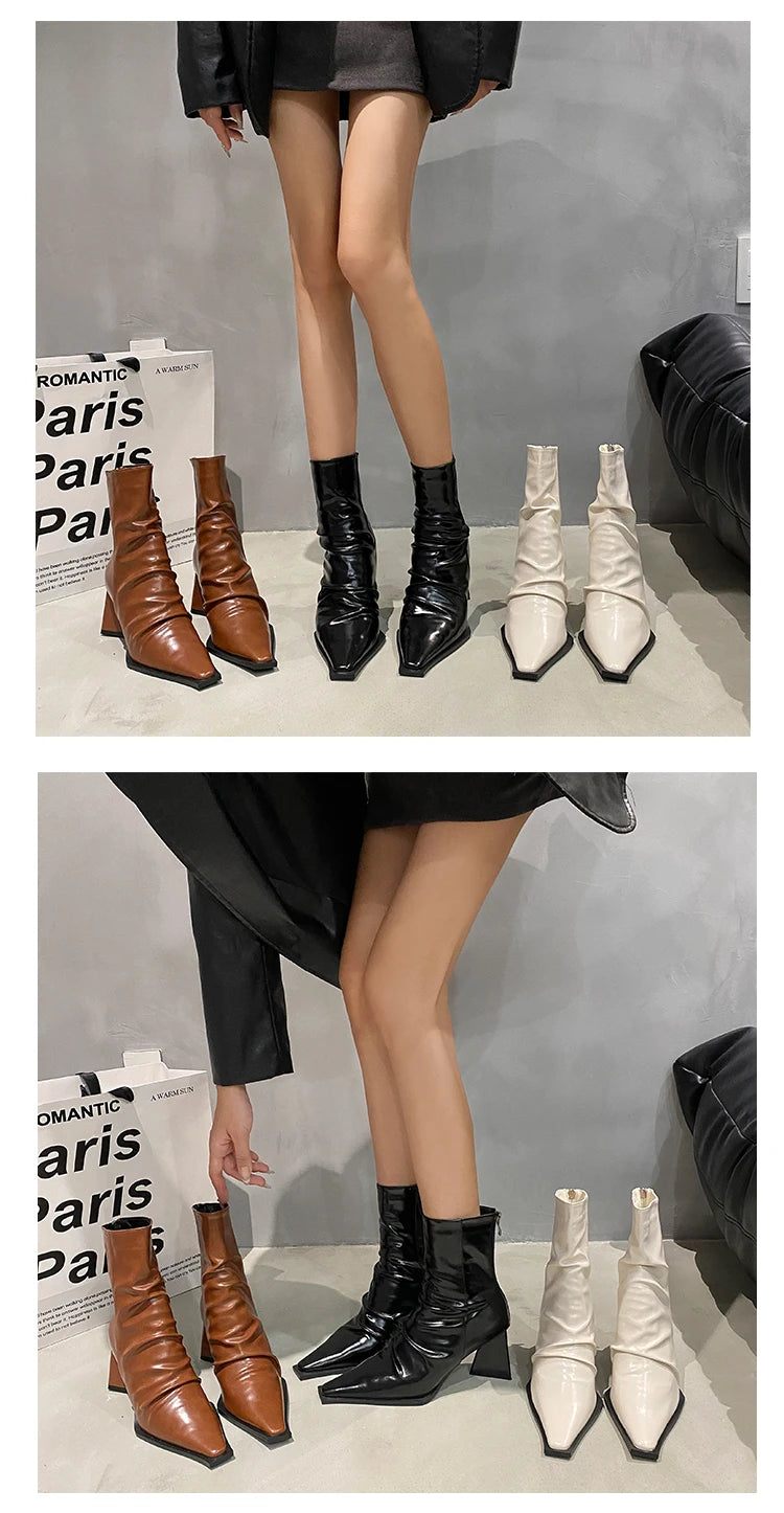 Horse Boots Female Ins Pointed Pink Skinny Boots 2023 Winter New Patent Leather Thick with Fashion High Heel Short Boots